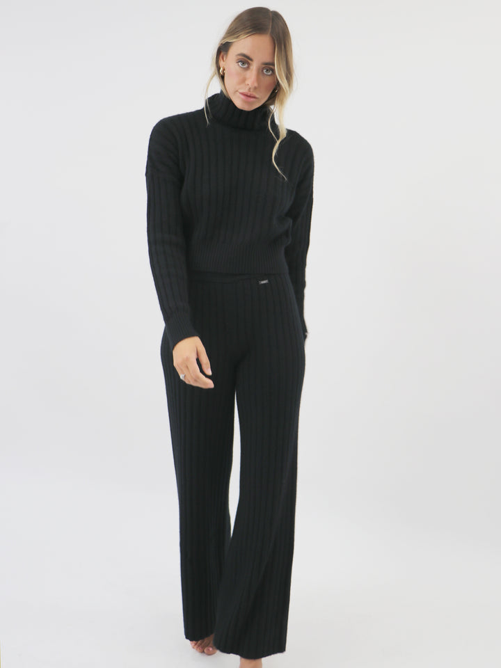 Cashmere Ribbed Wide leg pants #BLACK