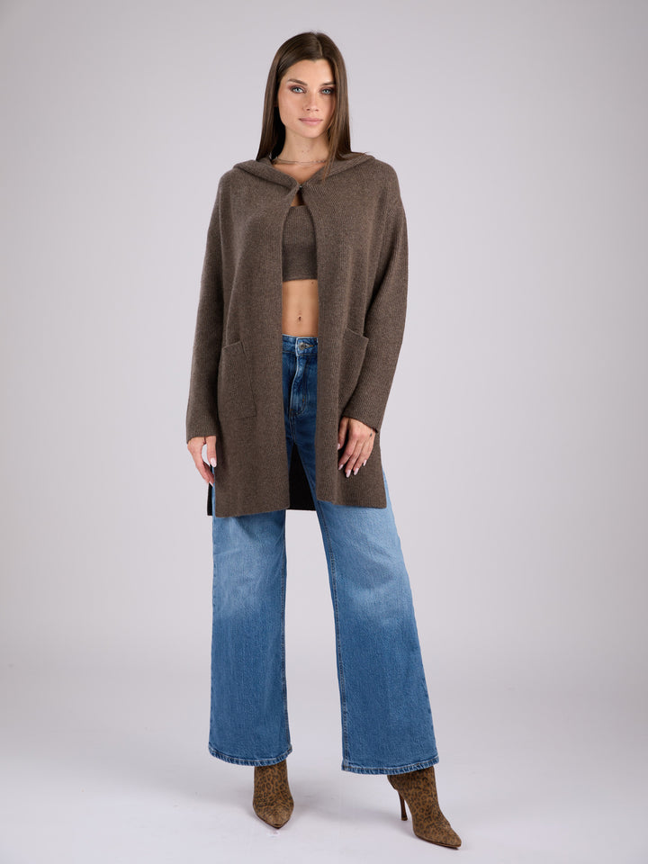 Cashmere rib knit dark brown hooded cardigan with large front patch pockets #SABLE