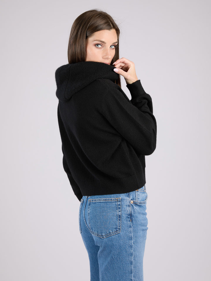 Cashmere cropped zip-up hoodie with pockets and a hood #BLACK