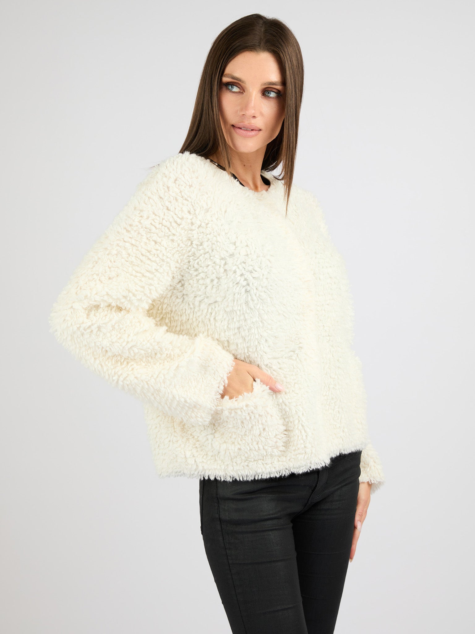 Classic Cashmere Cardigan with a Textured Fur Effect