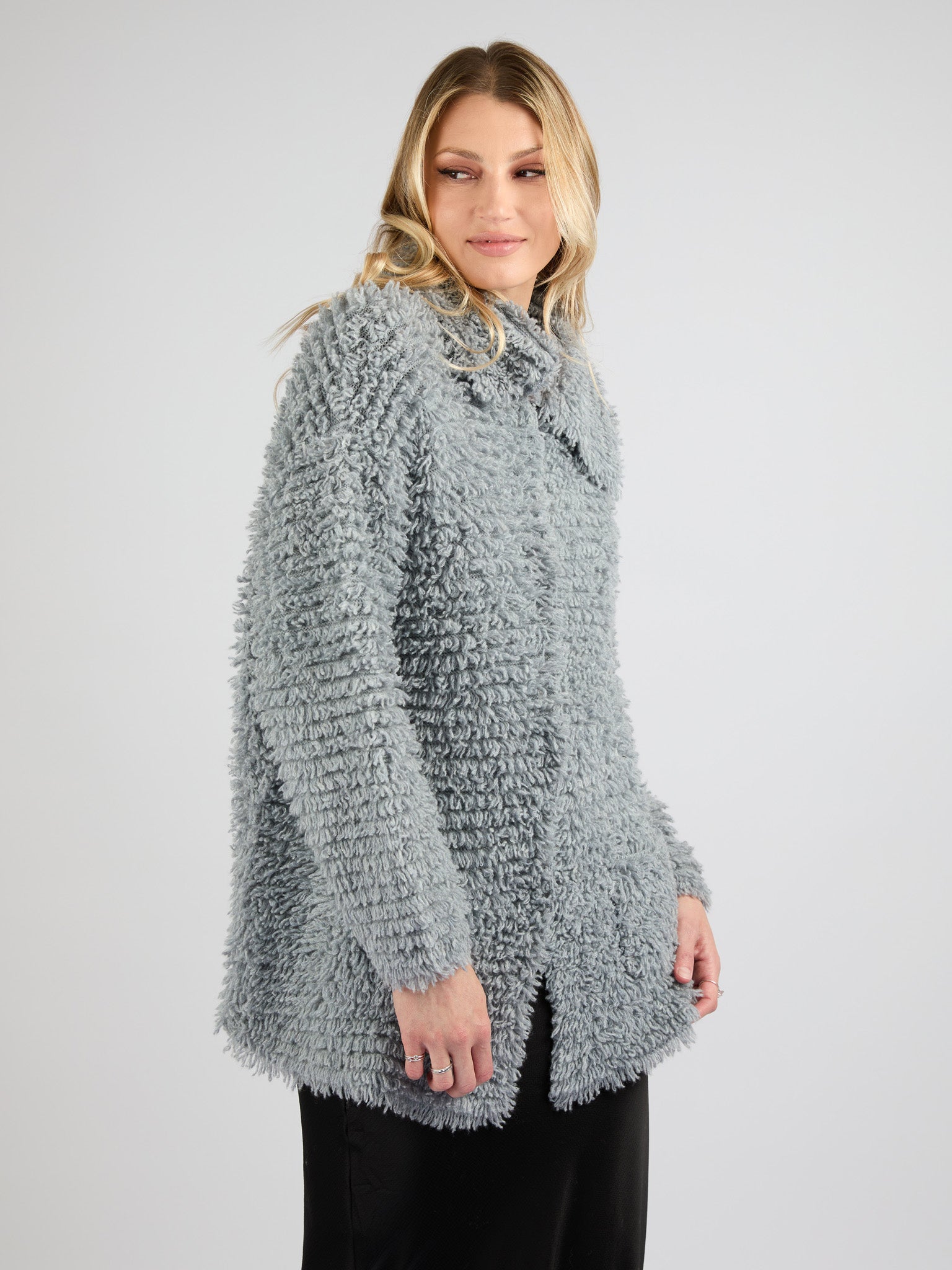 Modern Coat Knitted in Cashmere with a textured fur effect