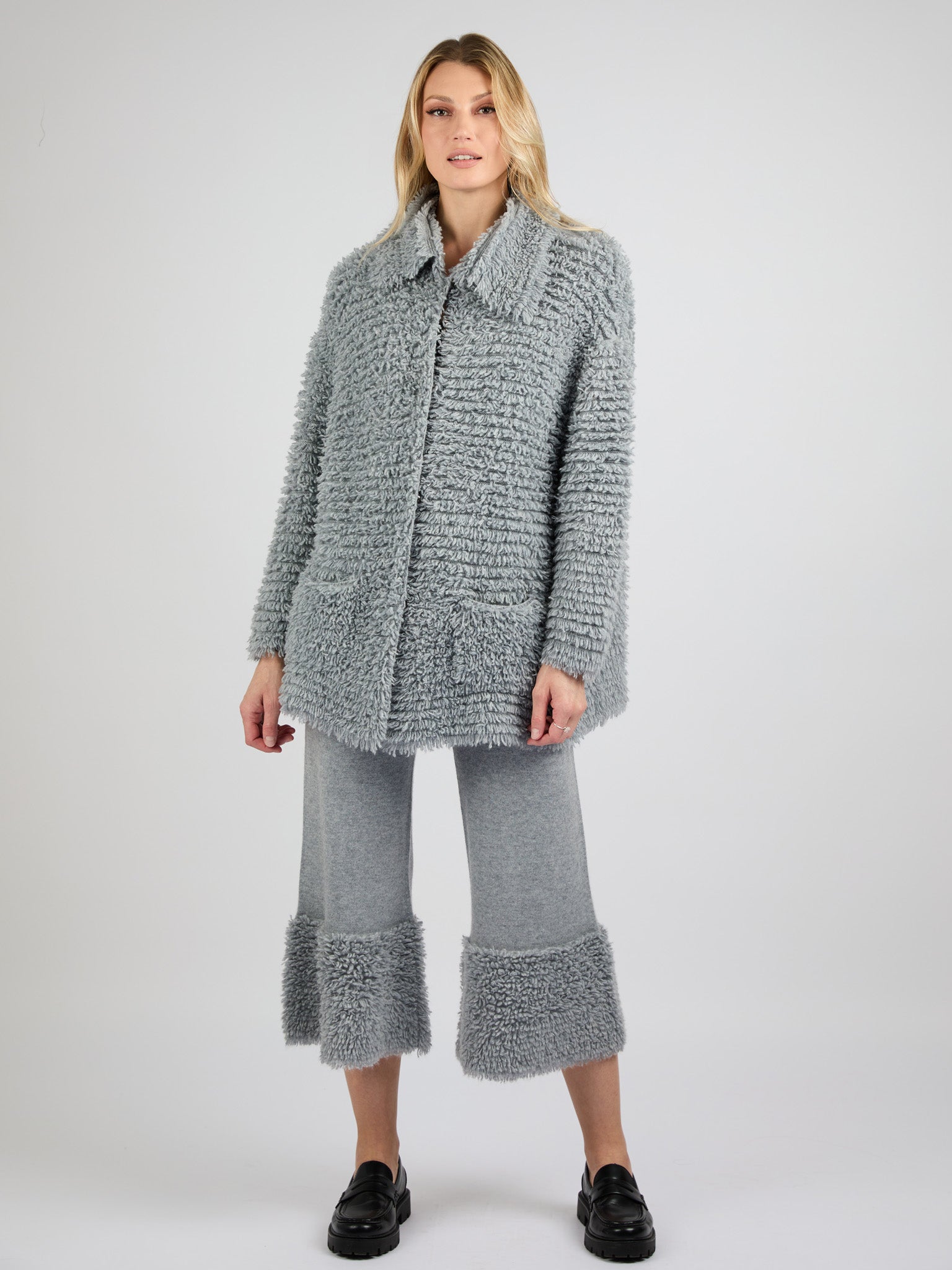 Modern Coat Knitted in Cashmere with a textured fur effect