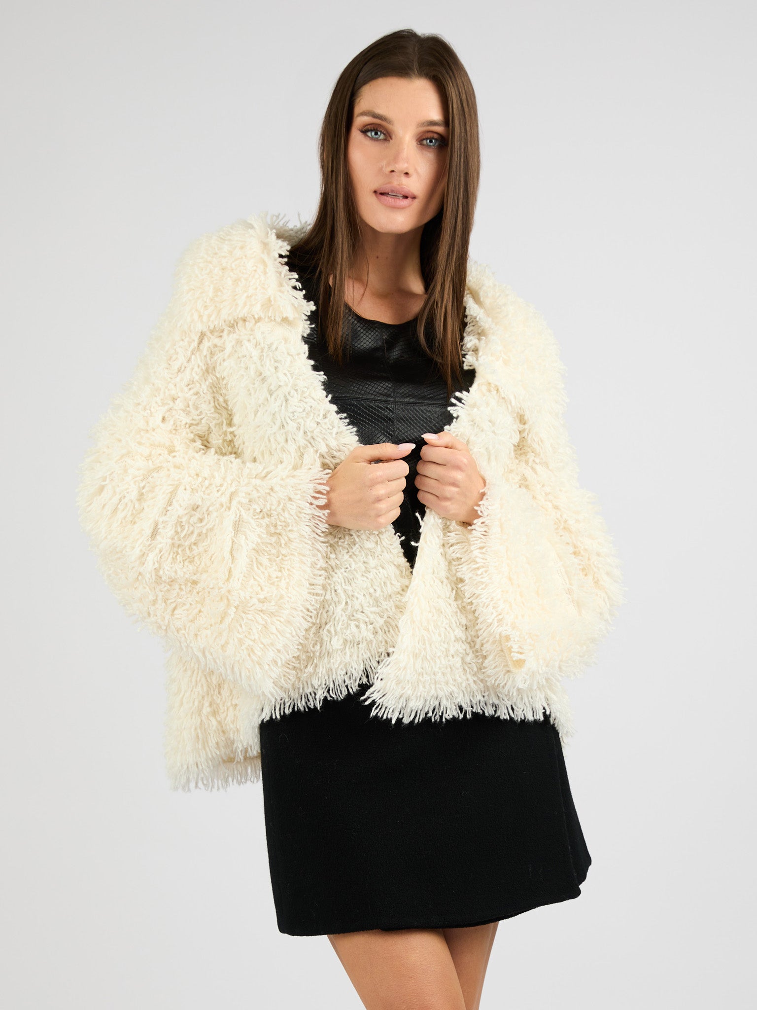 Cropped Cashmere Coat with Camp Collar and Textured Fur Effect