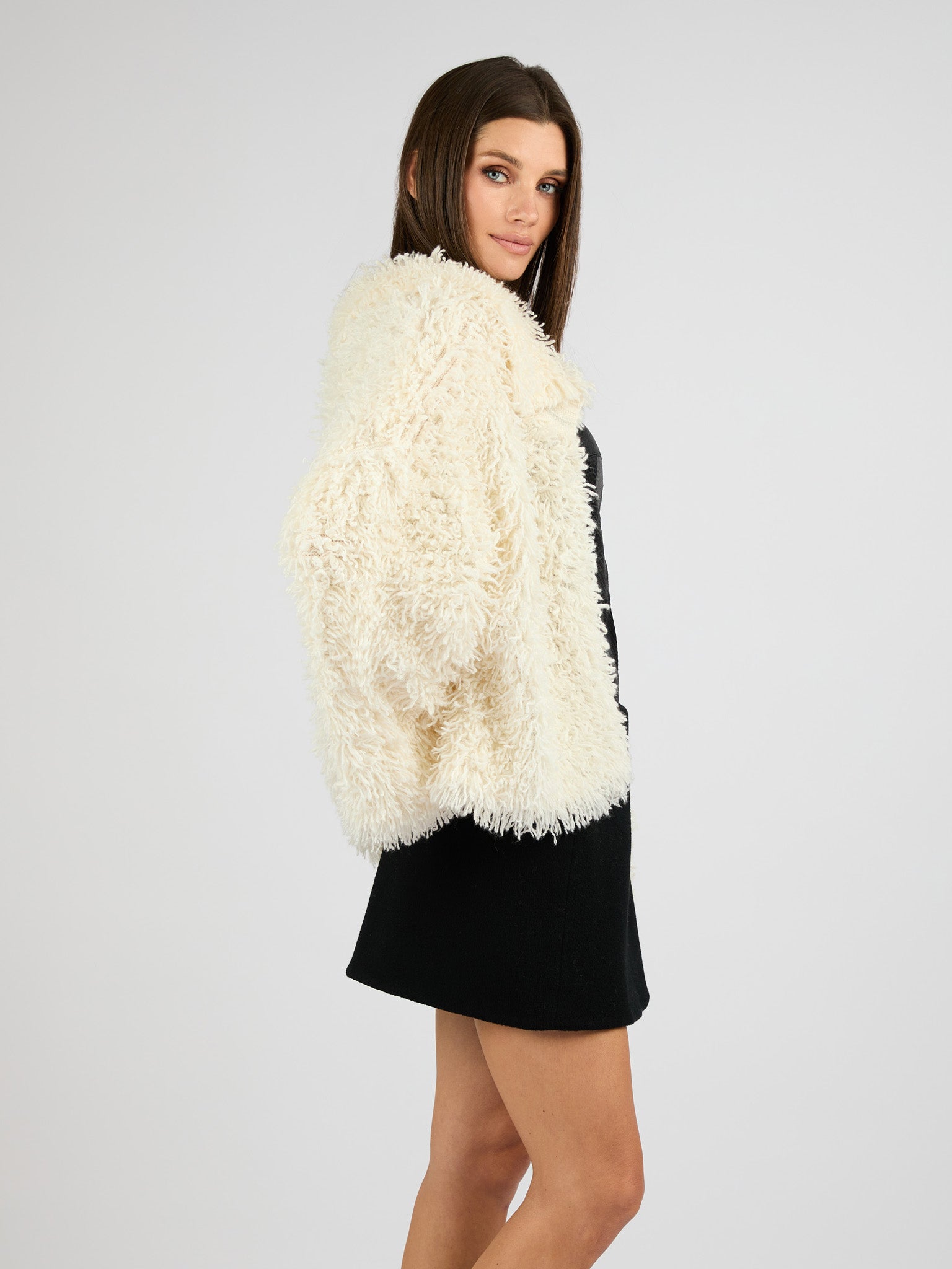 Cropped Cashmere Coat with Camp Collar and Textured Fur Effect