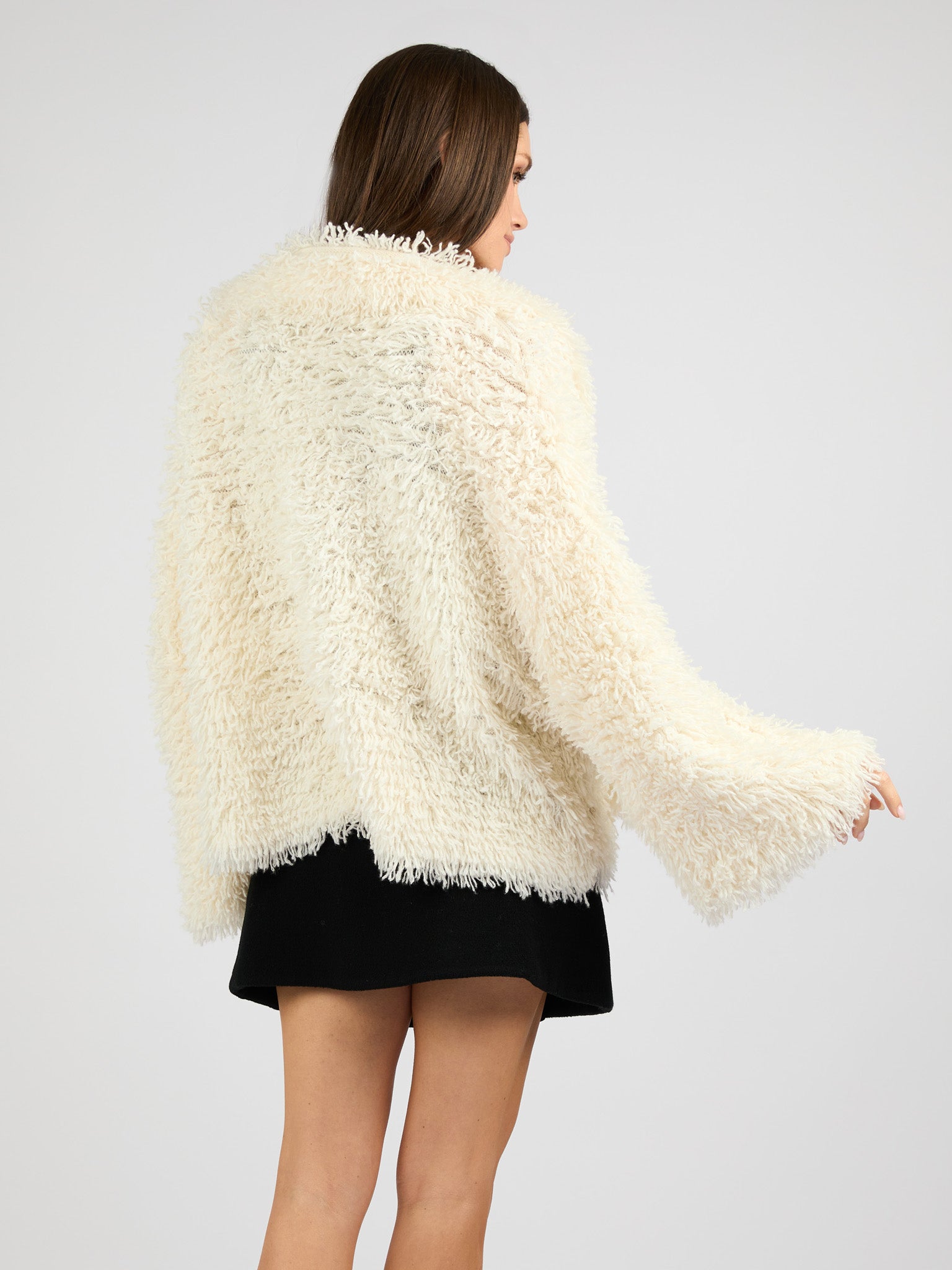 Cropped Cashmere Coat with Camp Collar and Textured Fur Effect