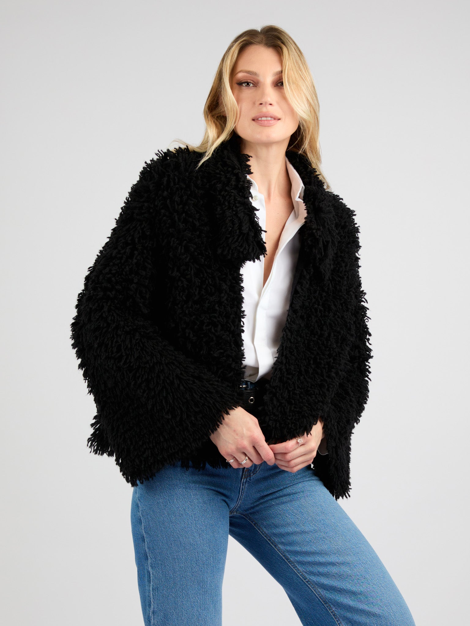 Cropped Cashmere Coat with Camp Collar and Textured Fur Effect