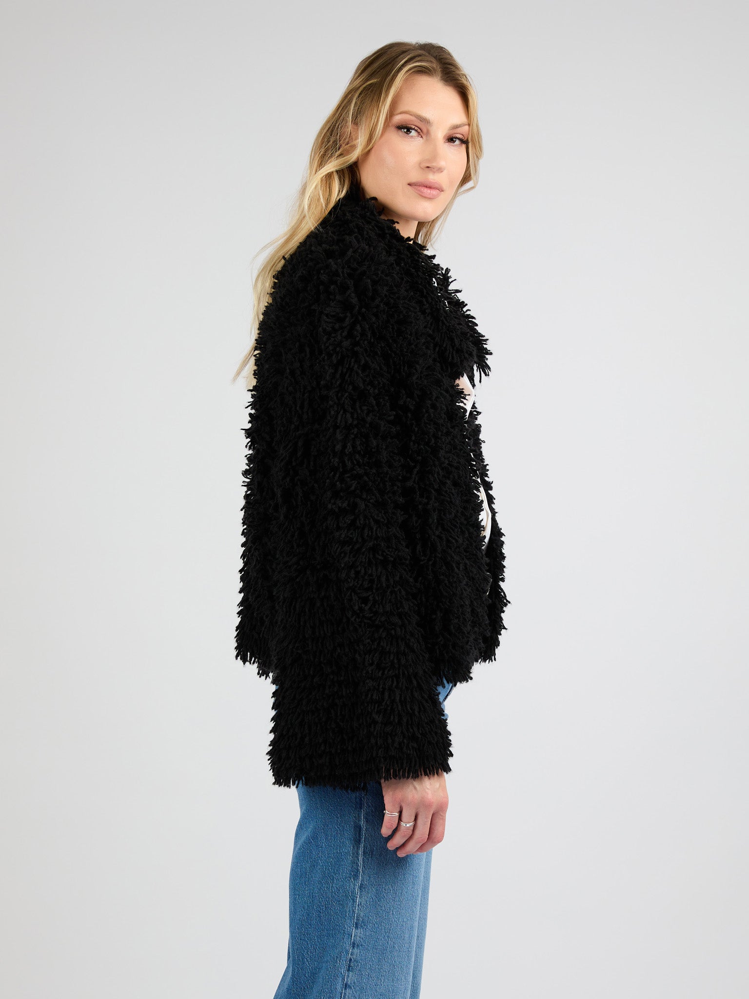Cropped Cashmere Coat with Camp Collar and Textured Fur Effect