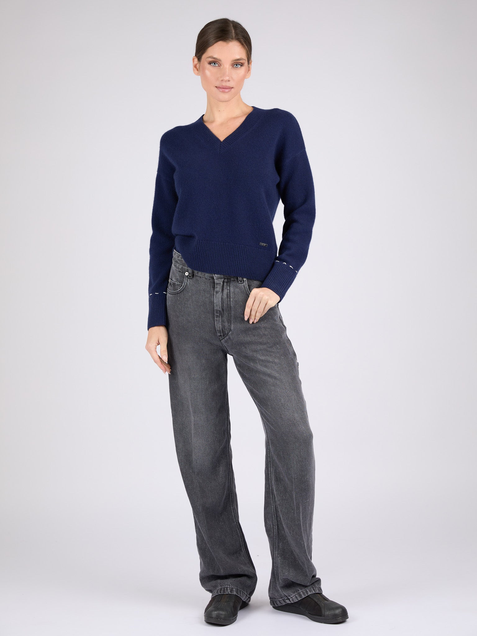 Women V-Neck Cashmere Sweater with Hand stitched detail on the back