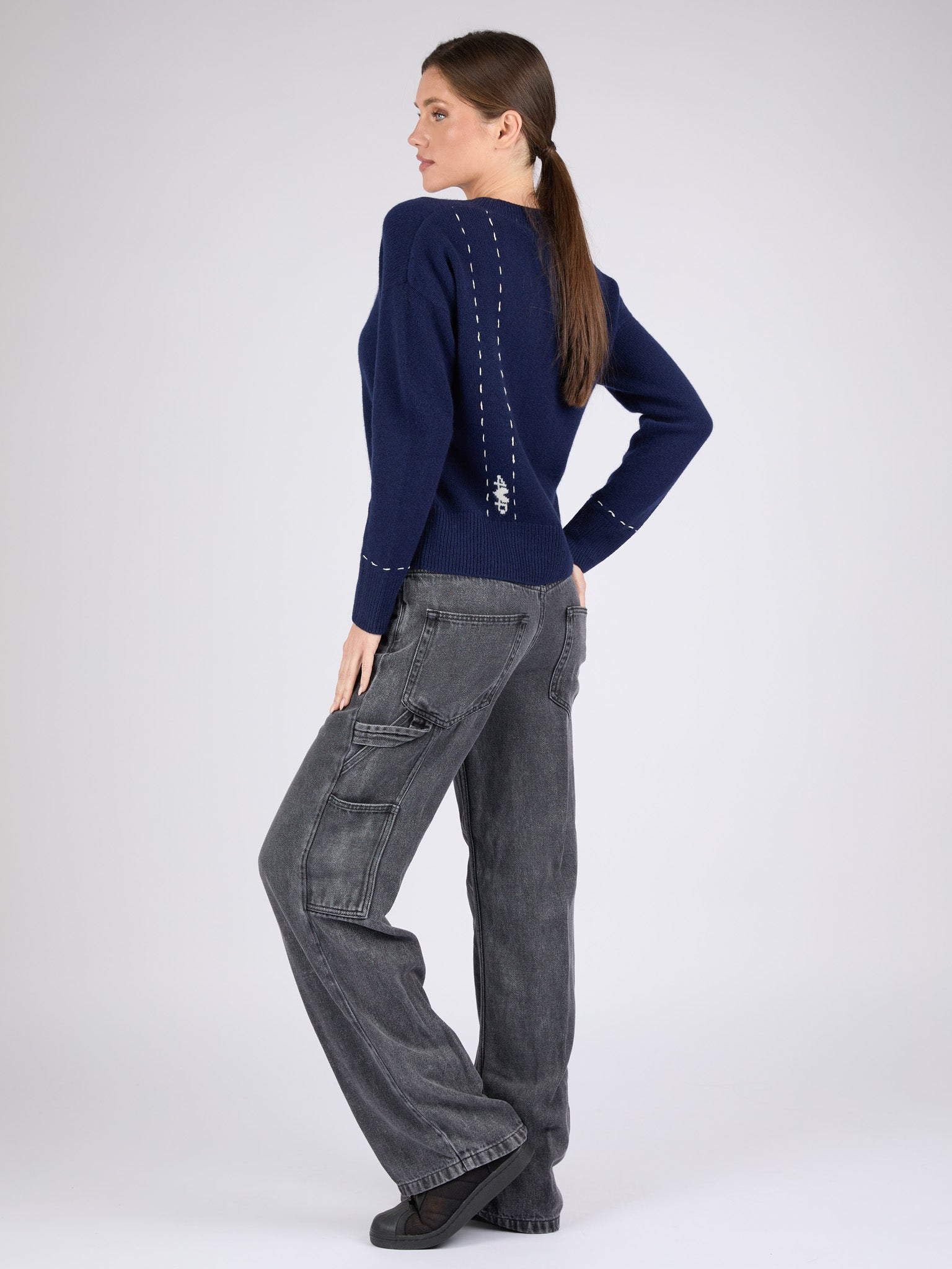 Women V-Neck Cashmere Sweater with Hand stitched detail on the back