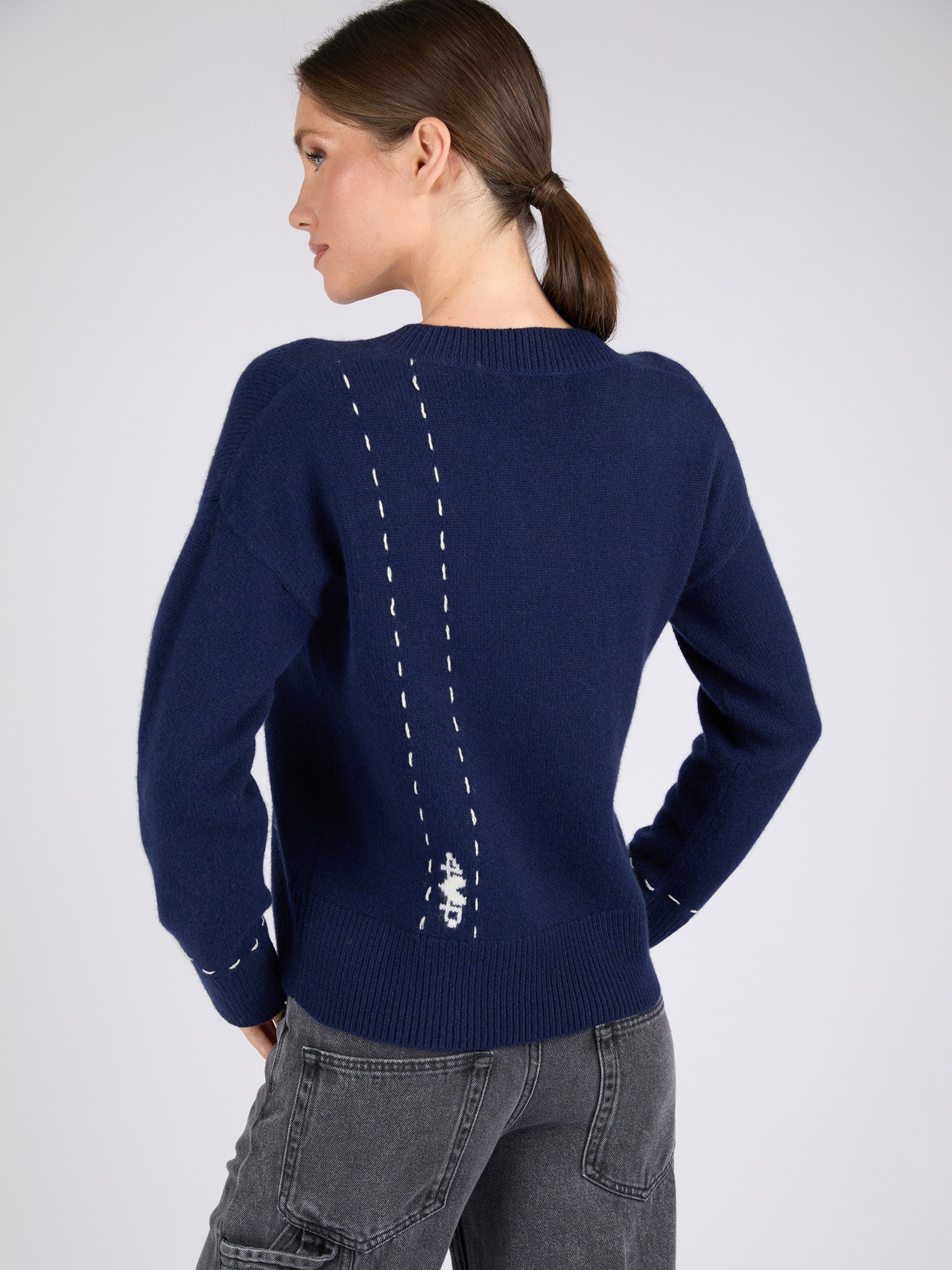Women V-Neck Cashmere Sweater with Hand stitched detail on the back