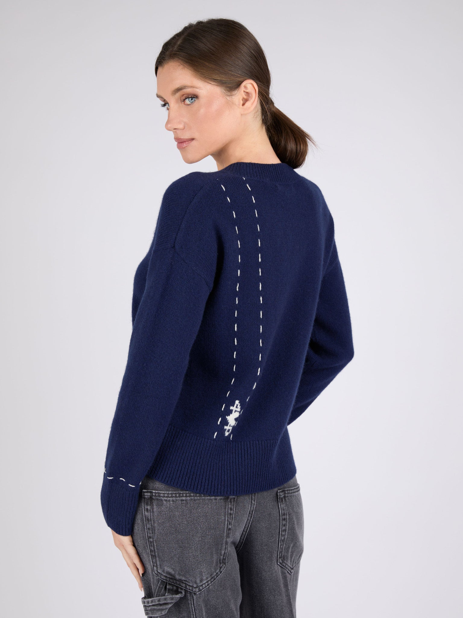 Women V-Neck Cashmere Sweater with Hand stitched detail on the back