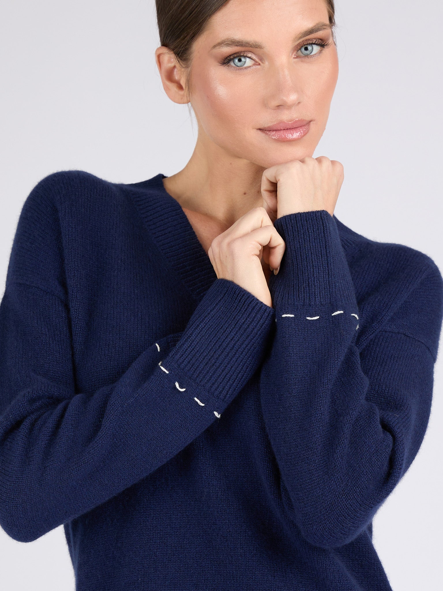 Women V-Neck Cashmere Sweater with Hand stitched detail on the back