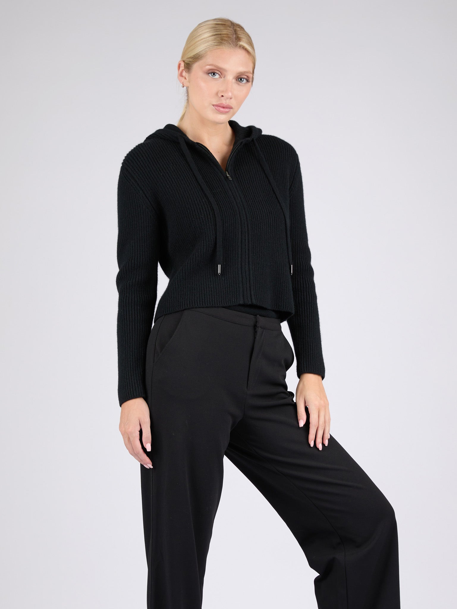 Women Ribbed Cashmere Hoodie Zip-Up