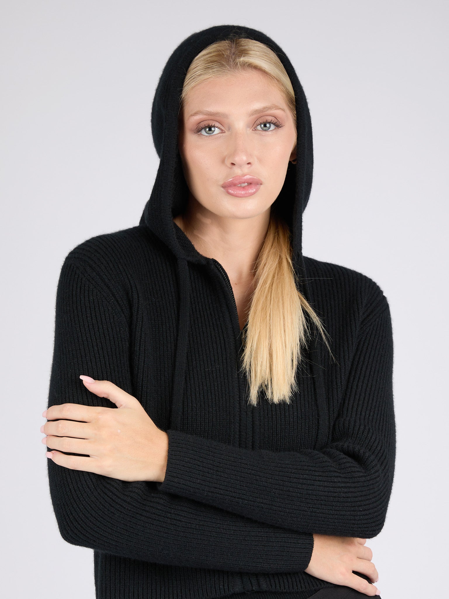 Women Ribbed Cashmere Hoodie Zip-Up