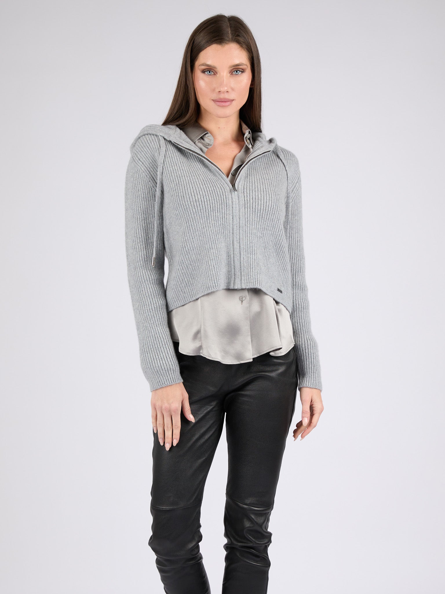 Women Ribbed Cashmere Hoodie Zip-Up