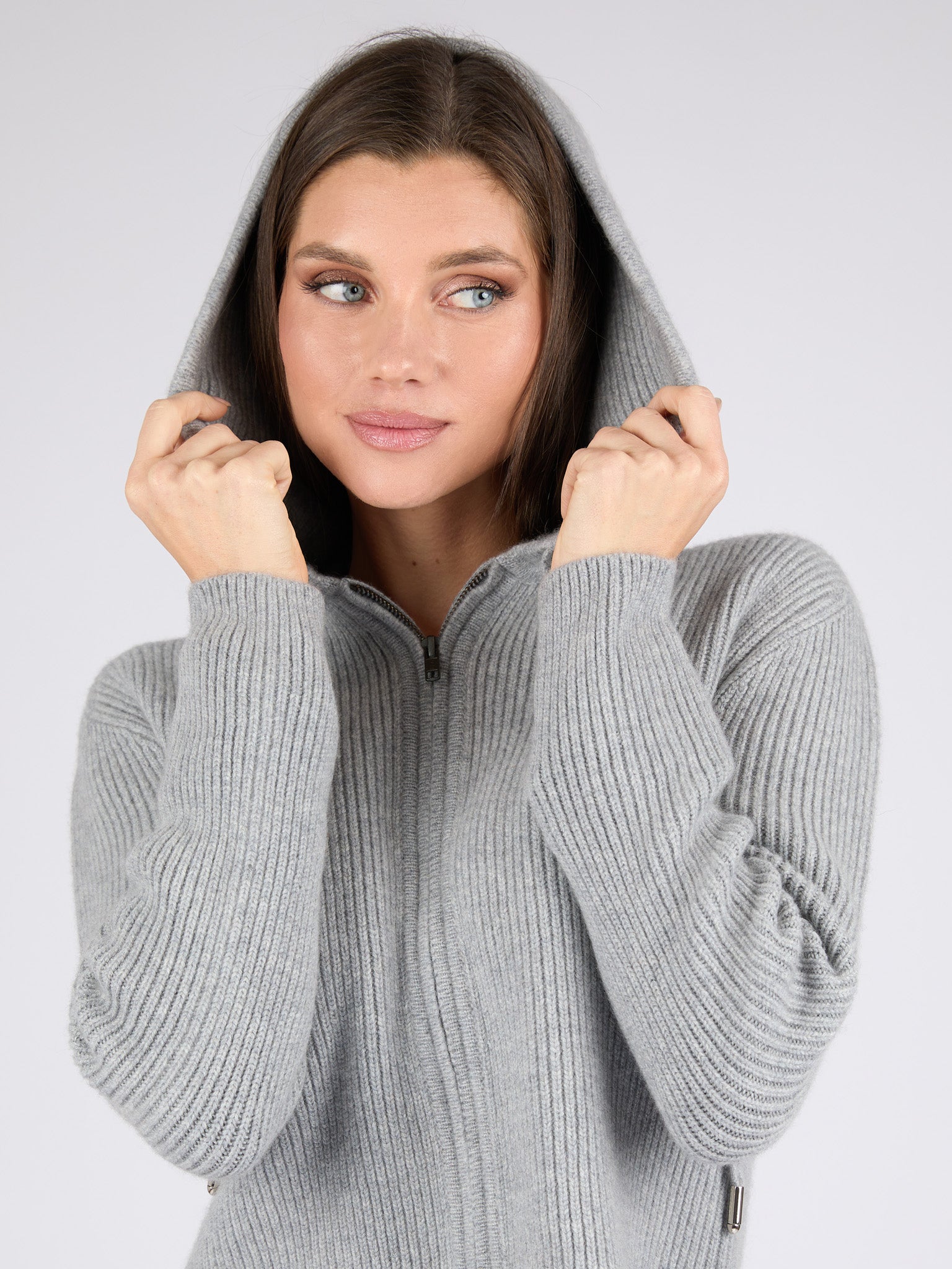 Women Ribbed Cashmere Hoodie Zip-Up