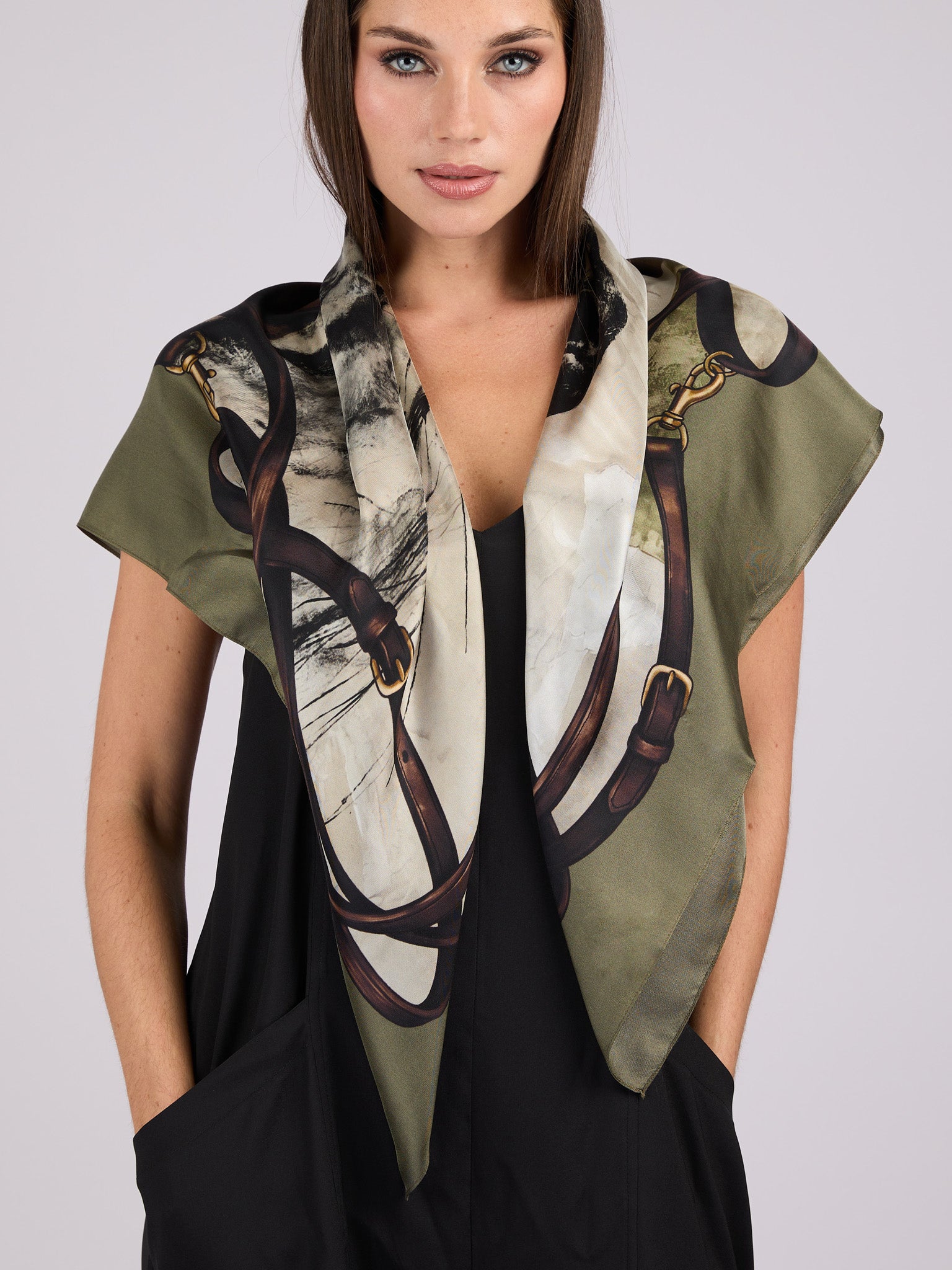 Square Silk Scarf with equestrian theme in 38.5 x 38.5 inches