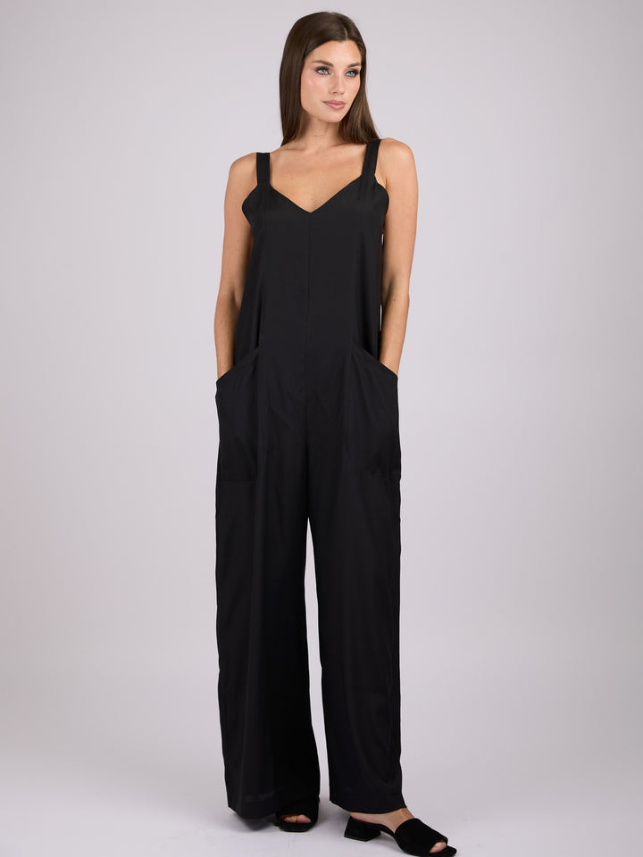 Silk sleeveless jumpsuit with wide legs and side pockets #BLACK