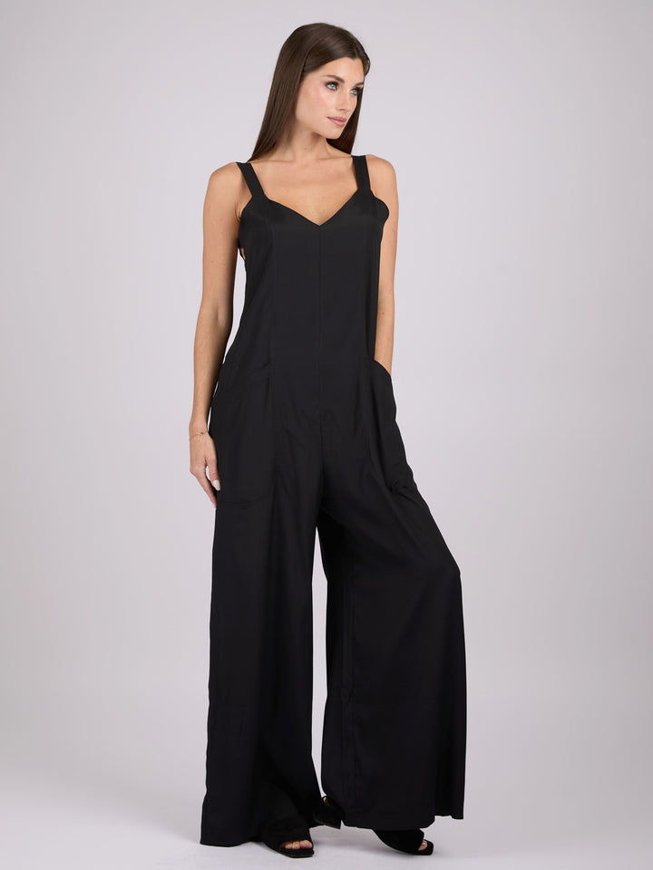 Silk sleeveless jumpsuit with wide legs and side pockets #BLACK