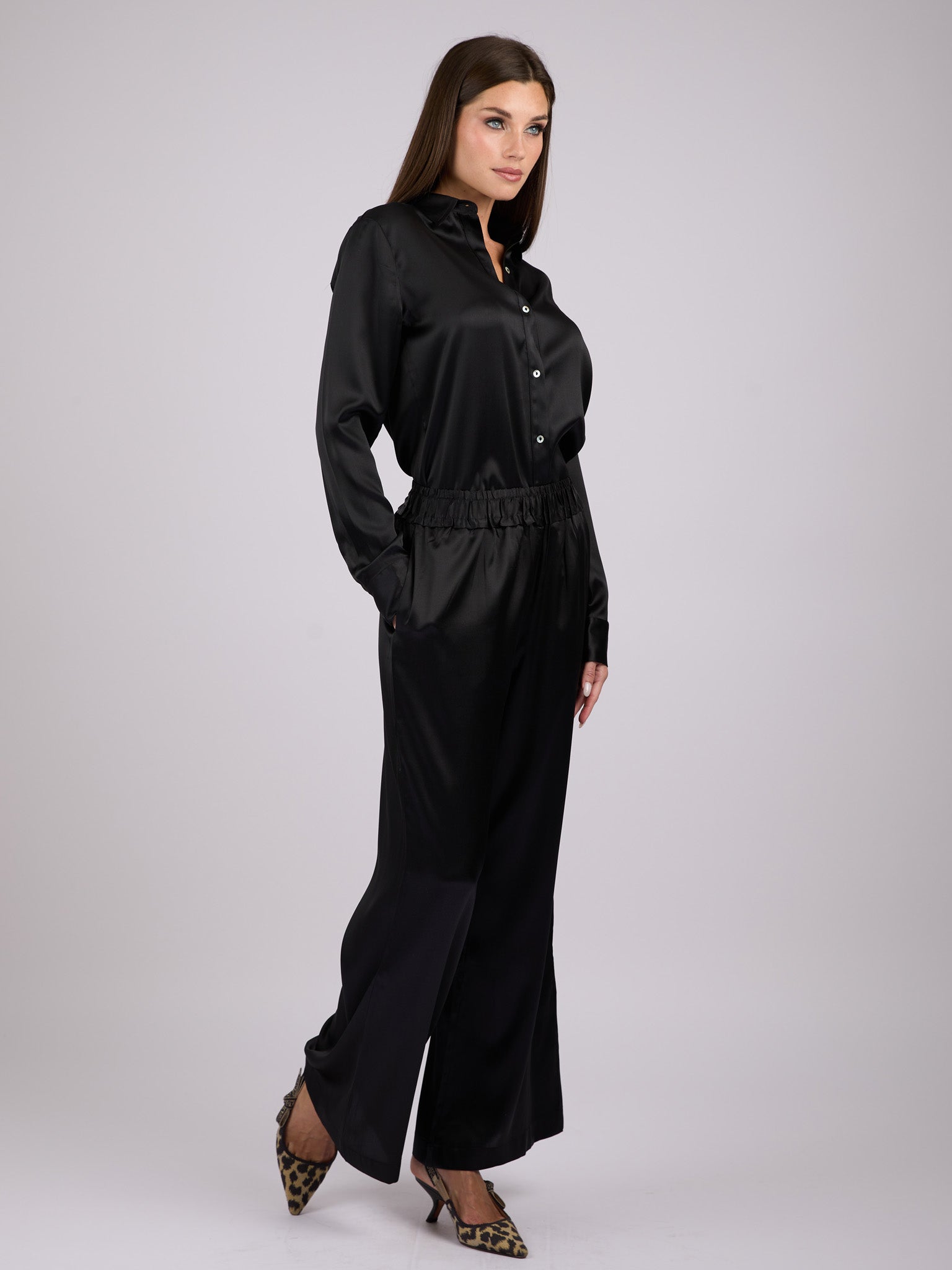 Wide legs Silk Charmeuse pants #BLACK