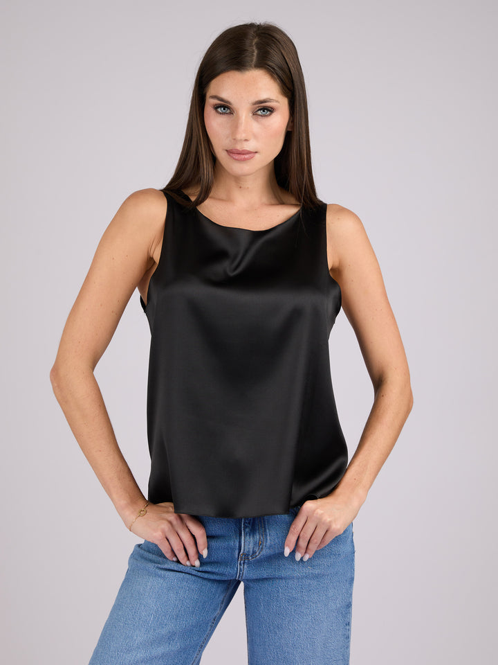 Sleeveless Silk Charmeuse top with round neck #BLACK