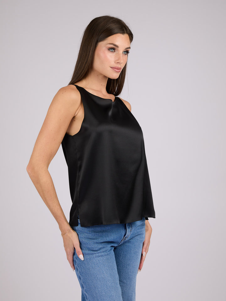 Sleeveless Silk Charmeuse top with round neck #BLACK