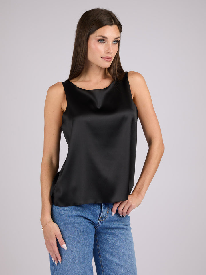 Sleeveless Silk Charmeuse top with round neck #BLACK