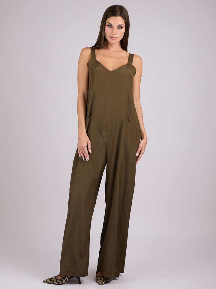 Silk sleeveless jumpsuit with wide legs and side pockets #MOSS