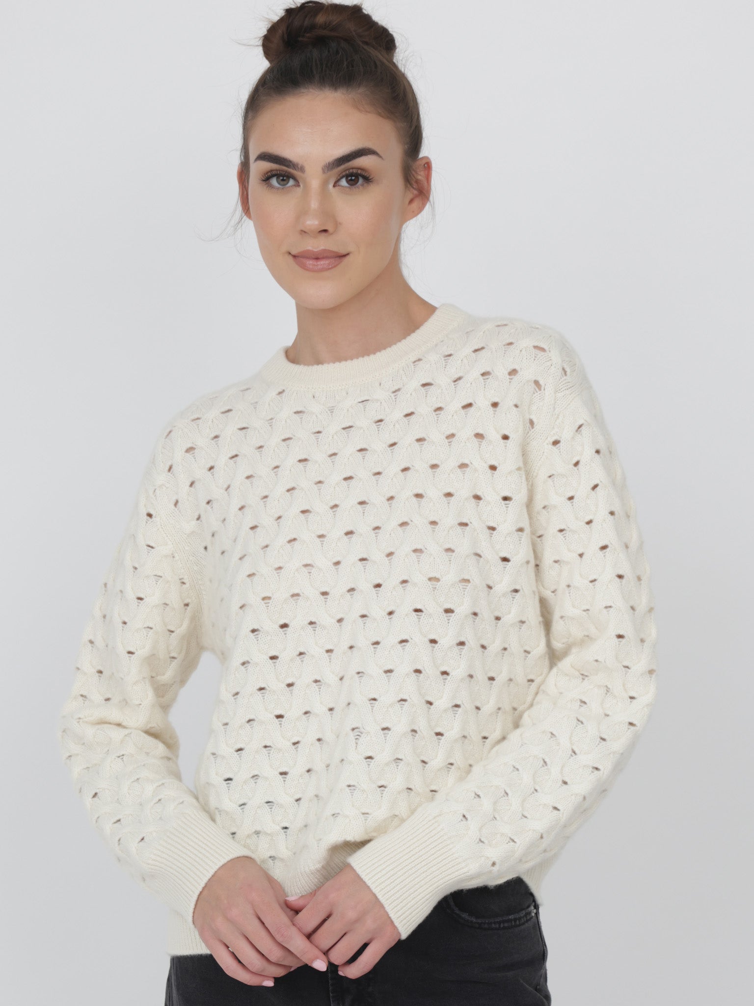 Cashmere Crewneck with Aran/Ajour Stitch