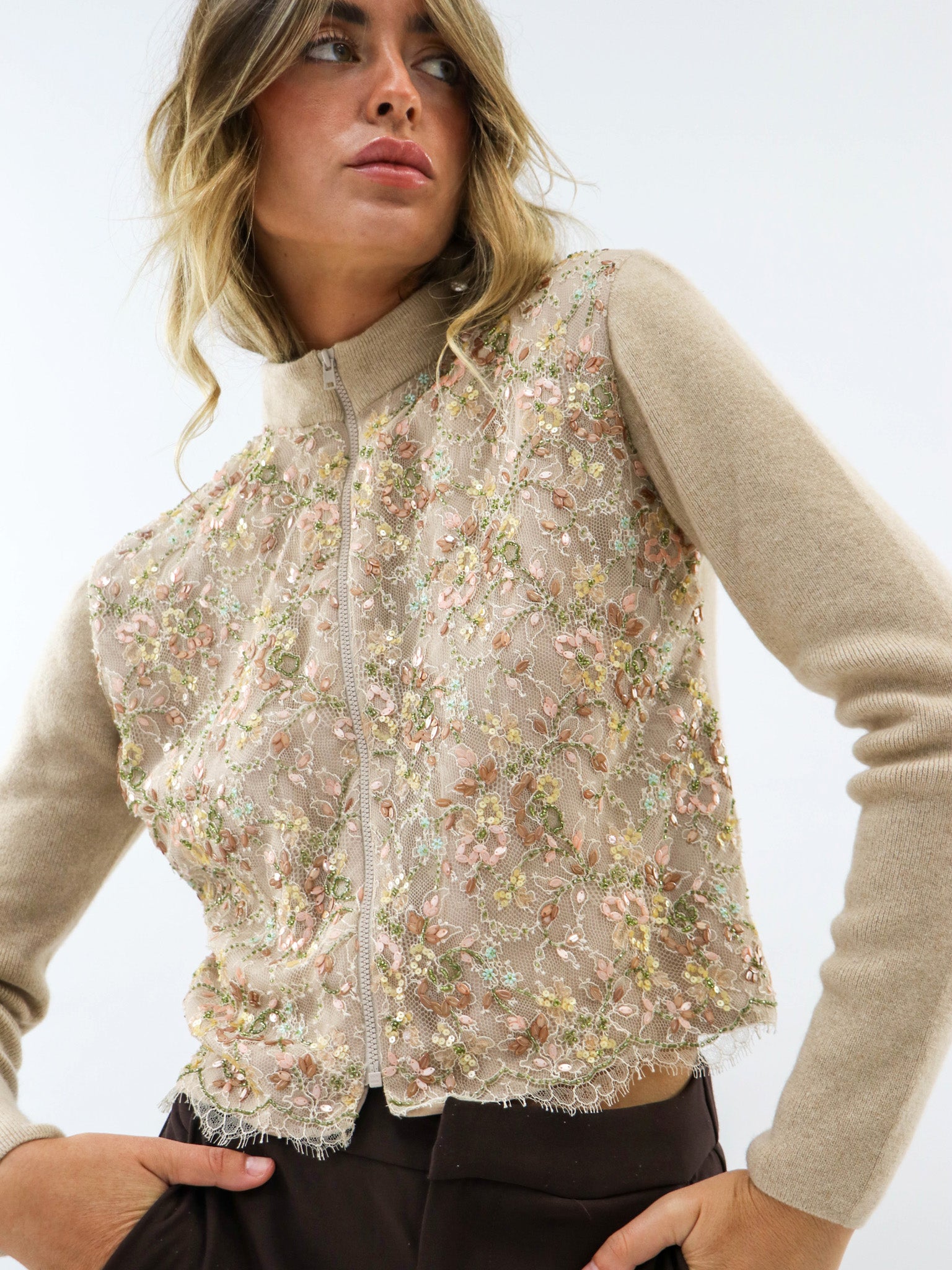 Cashmere and Beaded Lace Cardigan