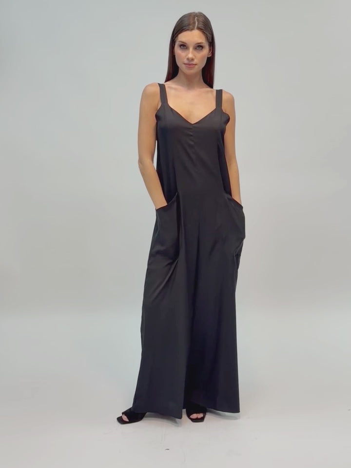 Silk sleeveless jumpsuit with wide legs and side pockets #BLACK